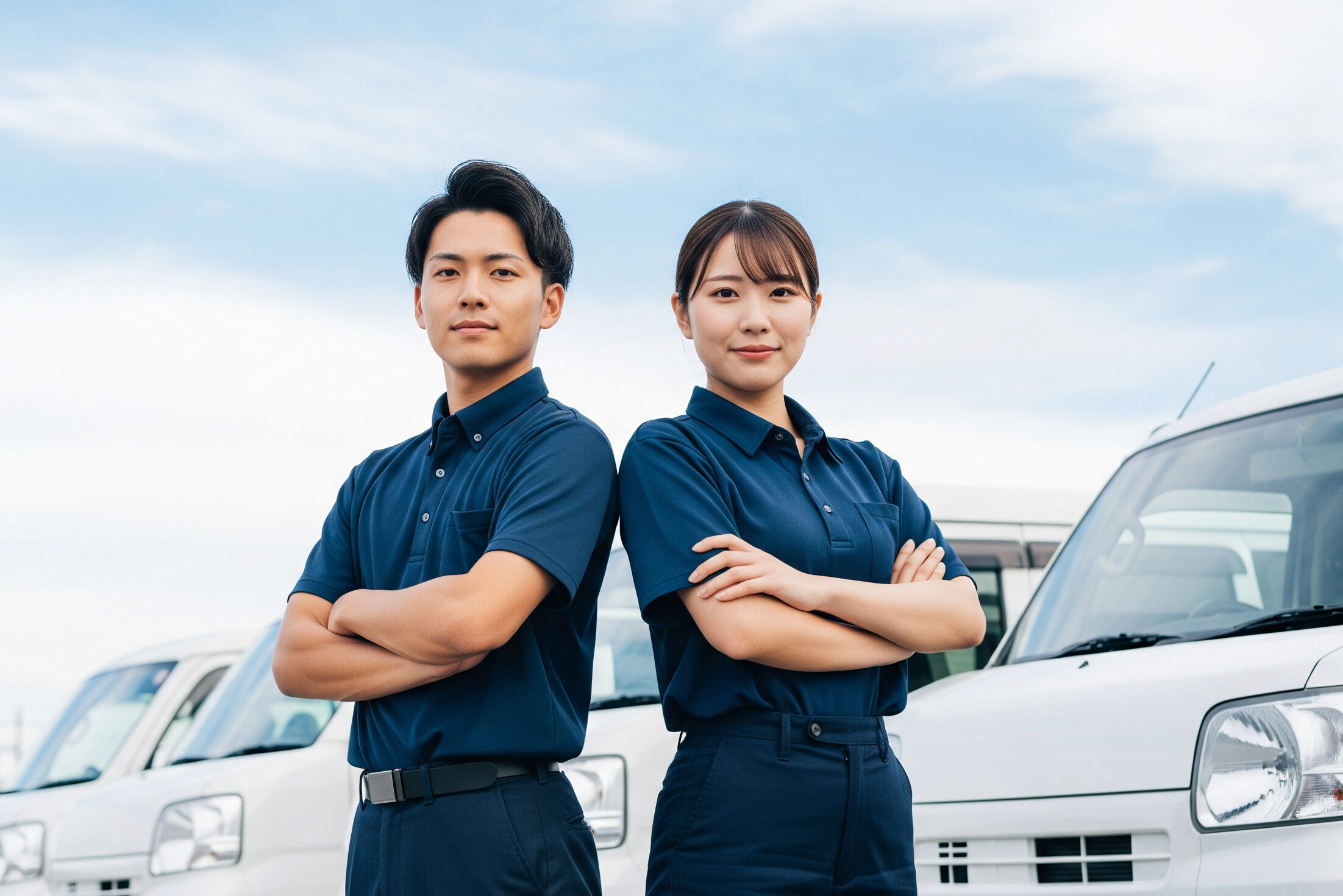 軽貨物車両の前に立つ男女の配送スタッフ